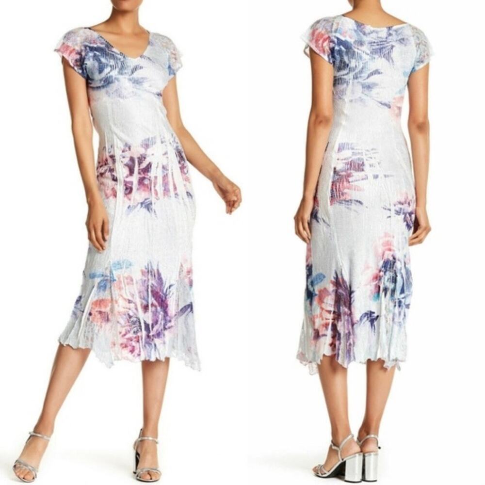 Komarov Flutter Sleeve Floral Crinkle Dress lace midi sz L